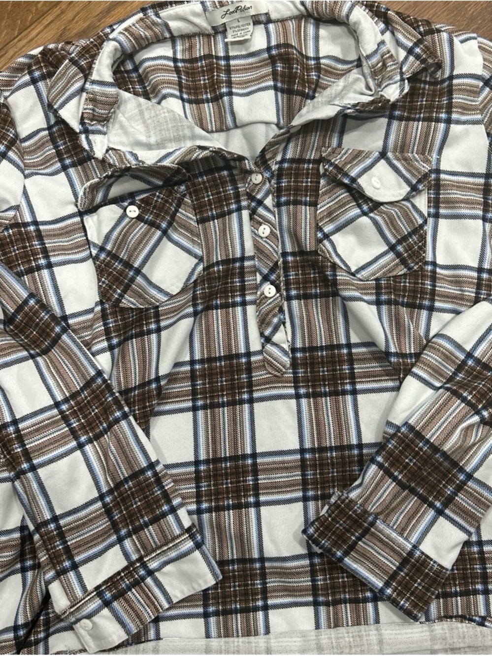 Light Plaid Button Henley Shirt - Brown & Blue